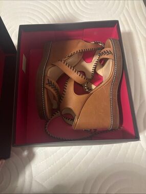 Vince Camuto Cognac Leather Whipstitch Wedge Sandals